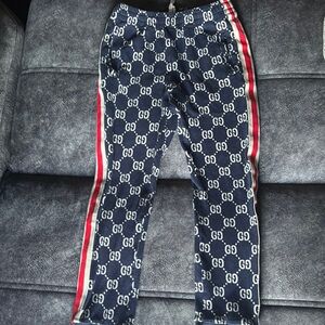 Gucci Blue GG Monogram Track Pants with Red Stripes